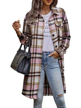 Women's Plaid Pink White Plaid Shacket Jacket Flannel Shirts Long Sleeves Jacket